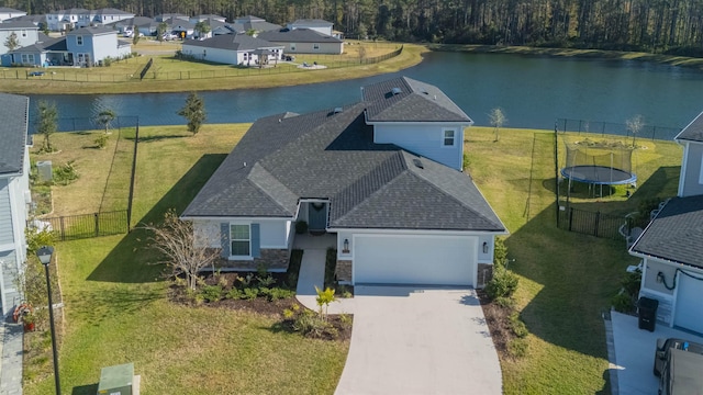 bird's eye view with a water view