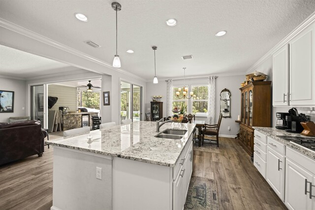 kitchen with dark wood-style flooring, open floor plan, white cabinetry, and a sink