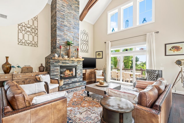 living room featuring a fireplace, high vaulted ceiling, beamed ceiling, and dark hardwood / wood-style floors