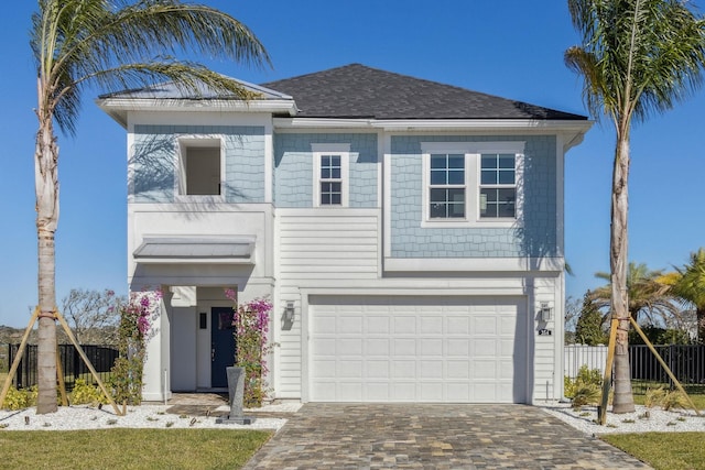 view of front of home with decorative driveway, an attached garage, fence, and roof with shingles