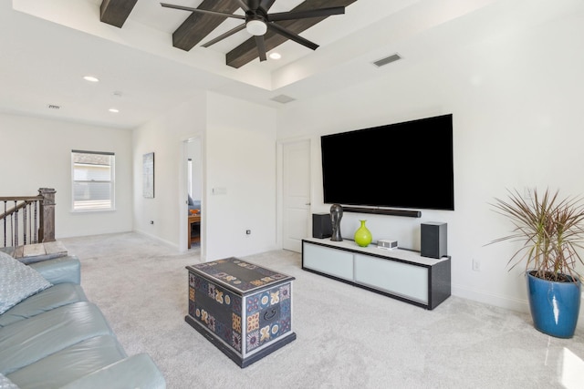 living area featuring visible vents, beam ceiling, recessed lighting, carpet floors, and baseboards