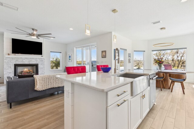 kitchen with light wood-type flooring, open floor plan, and light countertops