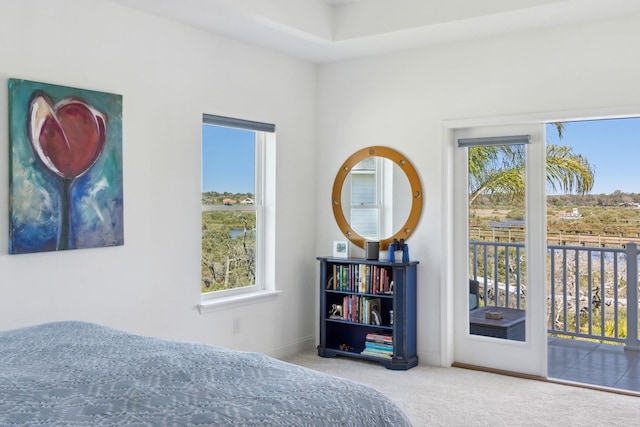 bedroom with baseboards, carpet flooring, and access to outside