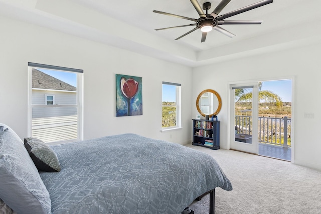 bedroom featuring multiple windows, a raised ceiling, carpet, and access to outside