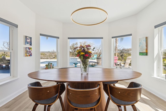 dining room with baseboards, a healthy amount of sunlight, and light wood finished floors