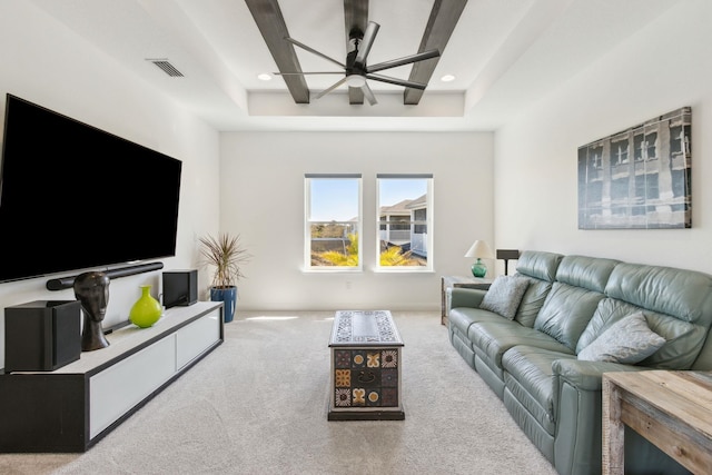 living room with visible vents, recessed lighting, ceiling fan, and carpet floors