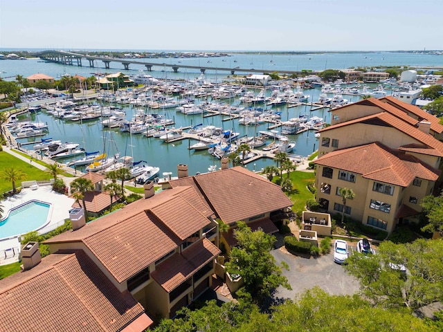 drone / aerial view featuring a water view