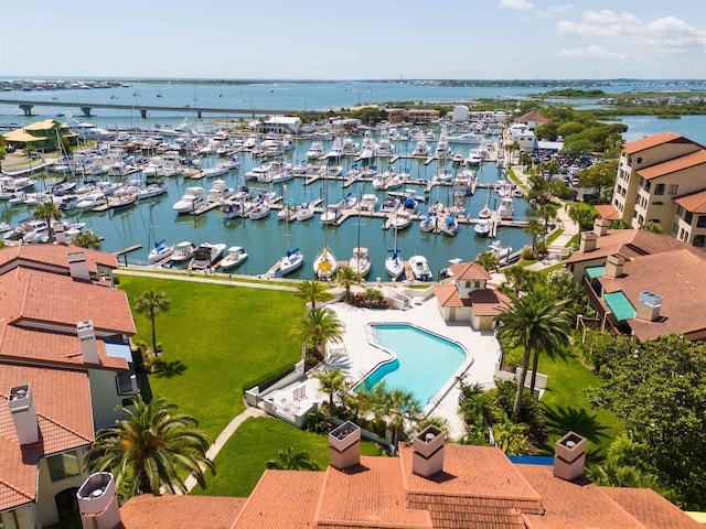 birds eye view of property featuring a water view