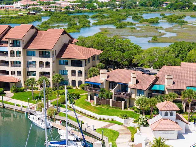 drone / aerial view with a water view