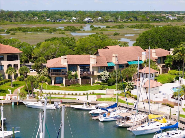 drone / aerial view featuring a water view