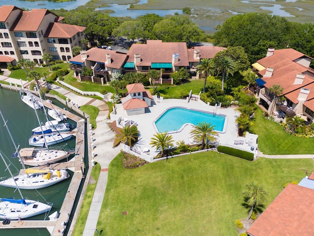 aerial view featuring a water view