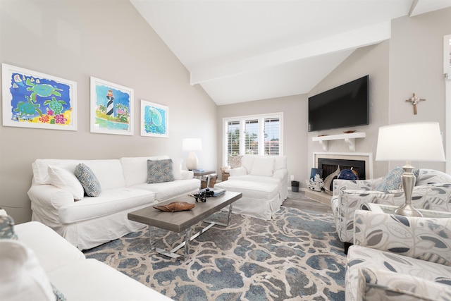 living room featuring vaulted ceiling with beams