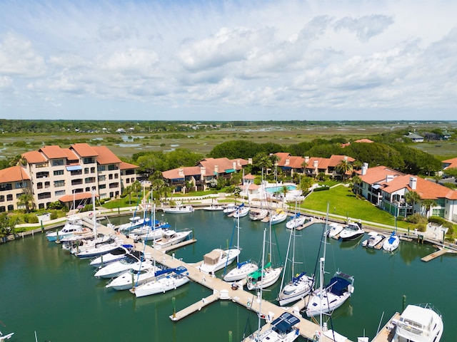 bird's eye view with a water view