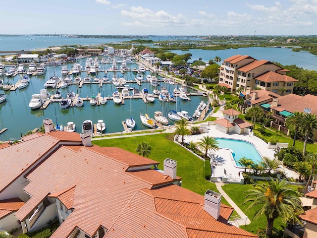 drone / aerial view with a water view