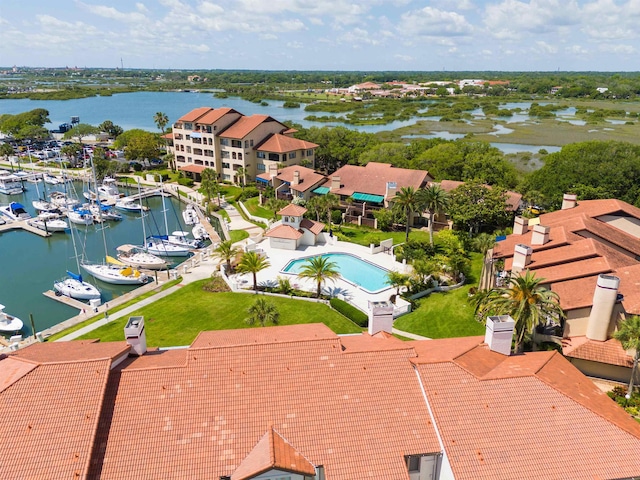 aerial view featuring a water view