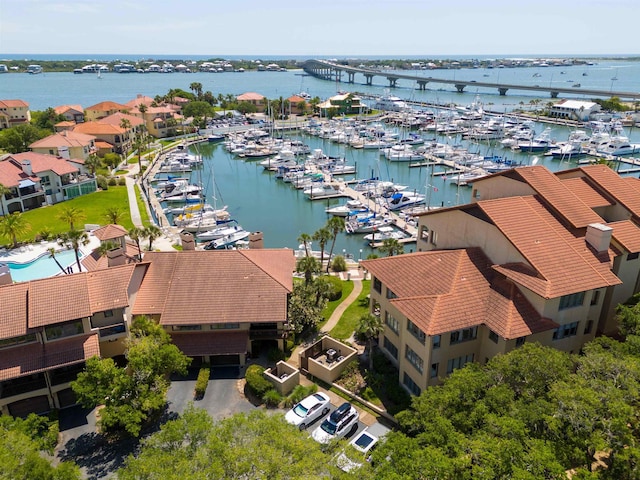 aerial view featuring a water view