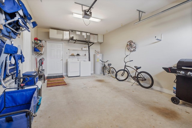 garage with washing machine and dryer, a garage door opener, and gas water heater