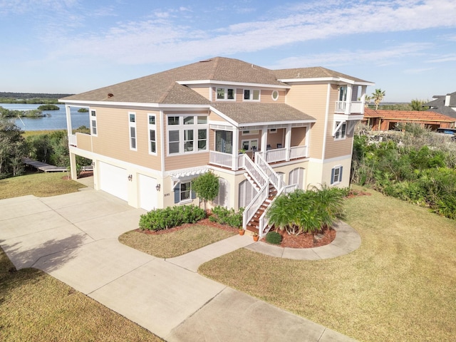 view of front of home featuring covered porch, a garage, a front lawn, and a water view