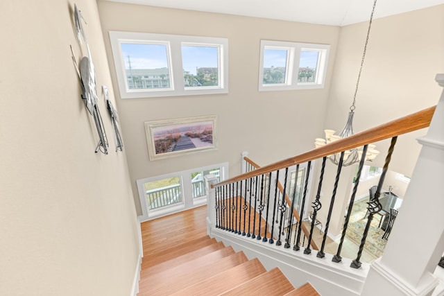 stairway with a towering ceiling, a chandelier, and hardwood / wood-style floors