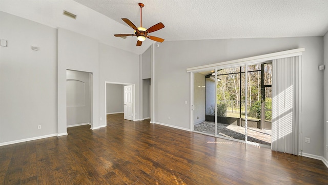 interior space with high vaulted ceiling, a textured ceiling, ceiling fan, and dark hardwood / wood-style floors