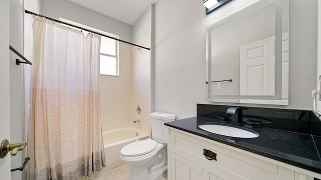 full bathroom featuring toilet, vanity, and shower / bath combination with curtain