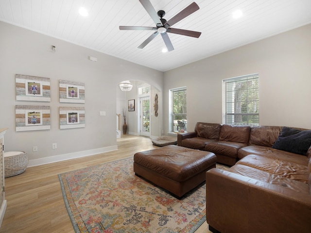847 Tides End Dr, Saint Augustine, FL 32080 - living area with recessed lighting, arched walkways, a ceiling fan, and light wood-style flooring