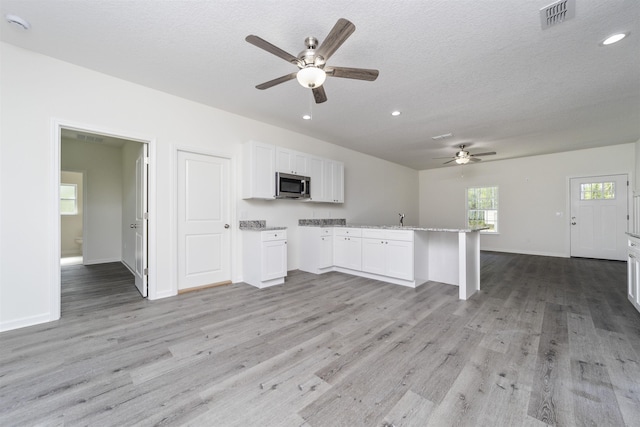 interior space featuring a textured ceiling, light hardwood / wood-style floors, ceiling fan, and sink