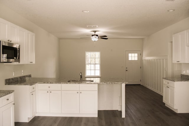 4350 Theresa St, Hastings, FL 32145 - kitchen featuring stainless steel microwave, a peninsula, ceiling fan, stone counters, and dark wood-type flooring