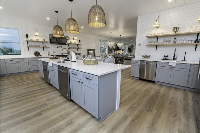 16/18/20 Inlet Pl, Saint Augustine, FL 32080 - kitchen featuring open shelves, stainless steel dishwasher, gray cabinetry, and recessed lighting