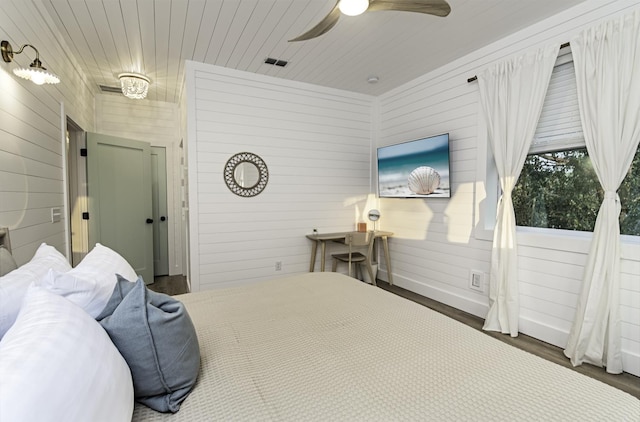 16/18/20 Inlet Pl, Saint Augustine, FL 32080 - bedroom featuring wooden walls, wood finished floors, a ceiling fan, and wooden ceiling
