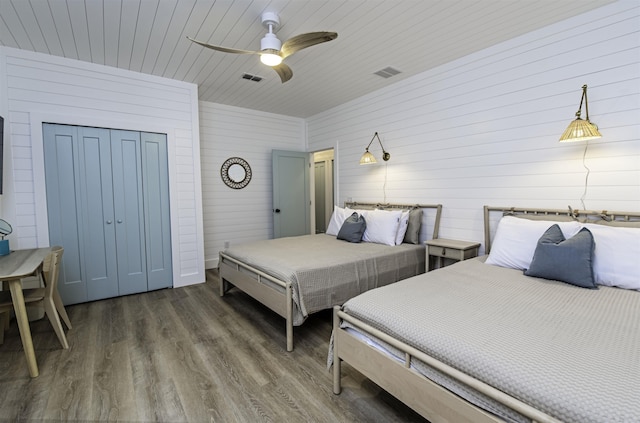 16/18/20 Inlet Pl, Saint Augustine, FL 32080 - bedroom featuring wood finished floors, a closet, a ceiling fan, wood walls, and wood ceiling