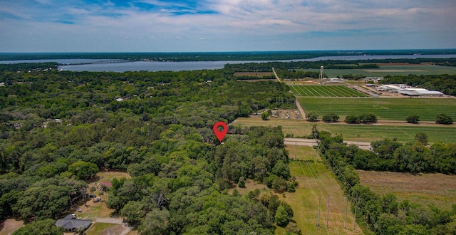 drone / aerial view with a wooded view, a rural view, and a water view