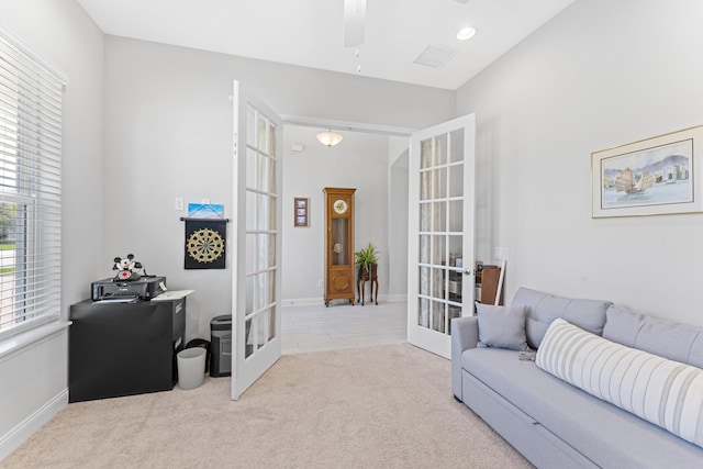 443 Pescado Dr, Saint Augustine, FL 32095 - interior space with french doors, visible vents, a ceiling fan, and carpet