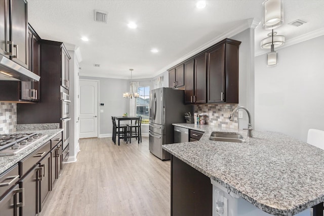 kitchen featuring decorative backsplash, sink, hanging light fixtures, and stainless steel appliances