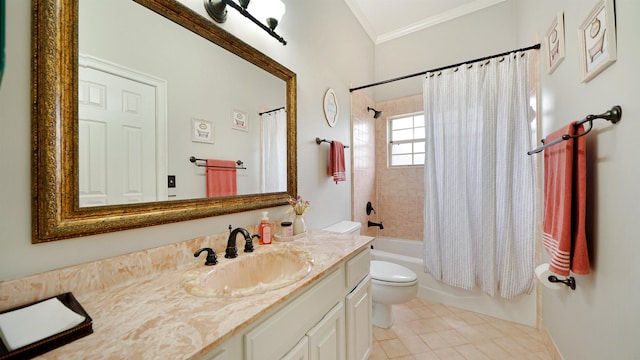 bathroom featuring toilet, vanity, ornamental molding, tile patterned floors, and shower / bath combination with curtain