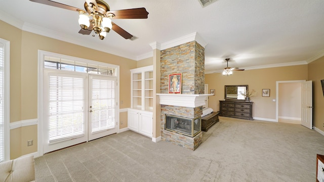 living room with light carpet, baseboards, ornamental molding, french doors, and a multi sided fireplace