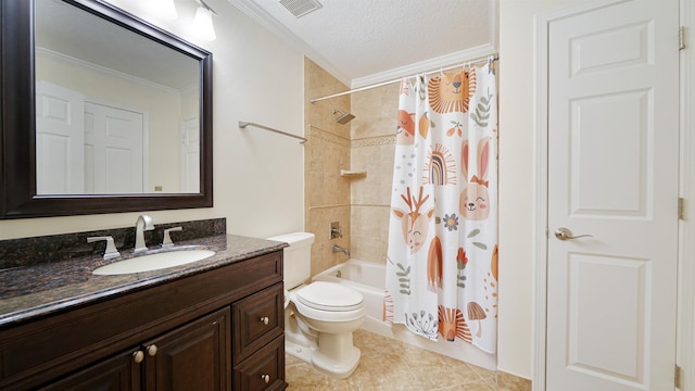 bathroom with visible vents, toilet, ornamental molding, a textured ceiling, and vanity