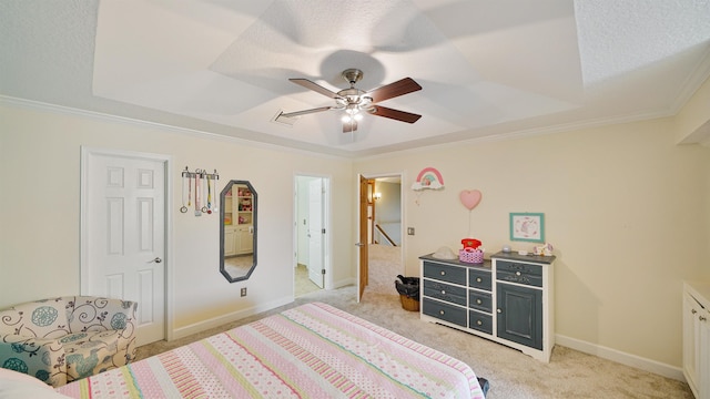 bedroom with crown molding, visible vents, light carpet, a textured ceiling, and baseboards