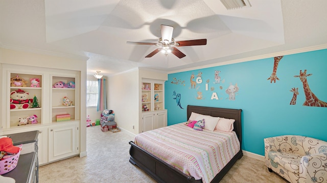 bedroom featuring light carpet, visible vents, and crown molding