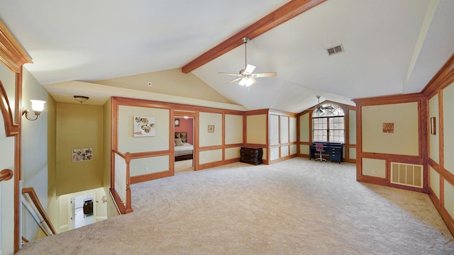 additional living space featuring carpet floors, vaulted ceiling with beams, baseboards, and visible vents