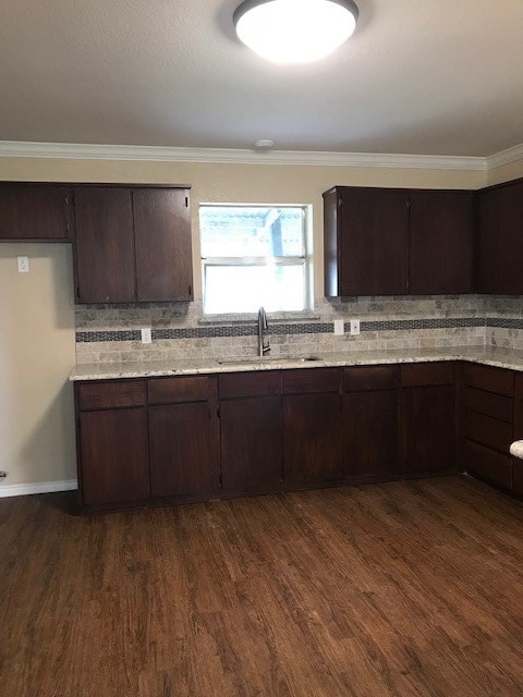 kitchen with tasteful backsplash, sink, dark wood-type flooring, and dark brown cabinetry