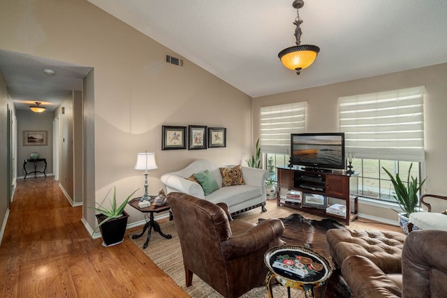 living room with lofted ceiling and wood-type flooring