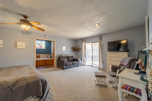 bedroom featuring ceiling fan, a textured ceiling, carpet floors, and access to outside