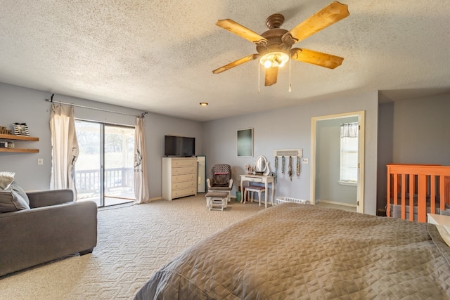 bedroom featuring light carpet, ceiling fan, access to outside, and multiple windows