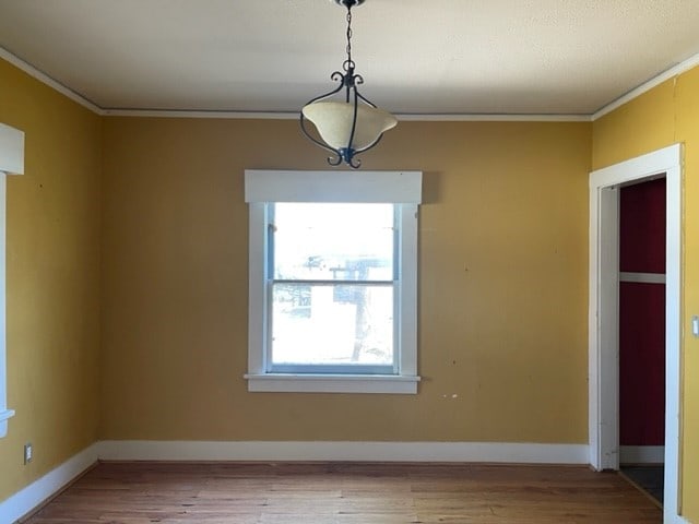 empty room featuring crown molding and light wood-type flooring