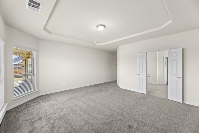 interior space with light colored carpet and a tray ceiling