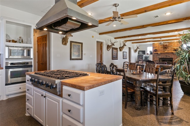 kitchen with stainless steel appliances, white cabinetry, ceiling fan, a kitchen island, and island range hood