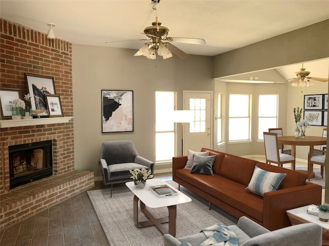 living room featuring wood-type flooring, a fireplace, lofted ceiling, and ceiling fan