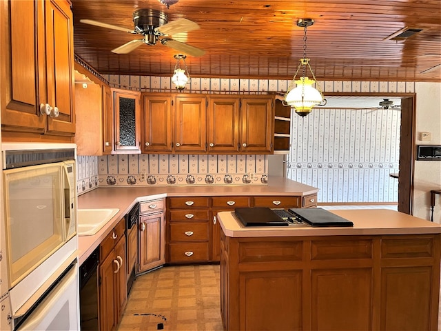 kitchen with pendant lighting, ceiling fan, light tile floors, white microwave, and wooden ceiling