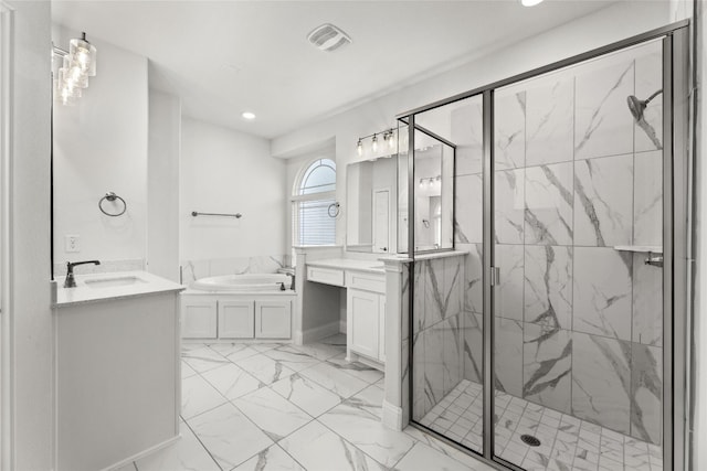 bathroom with tile floors, plus walk in shower, and vanity with extensive cabinet space